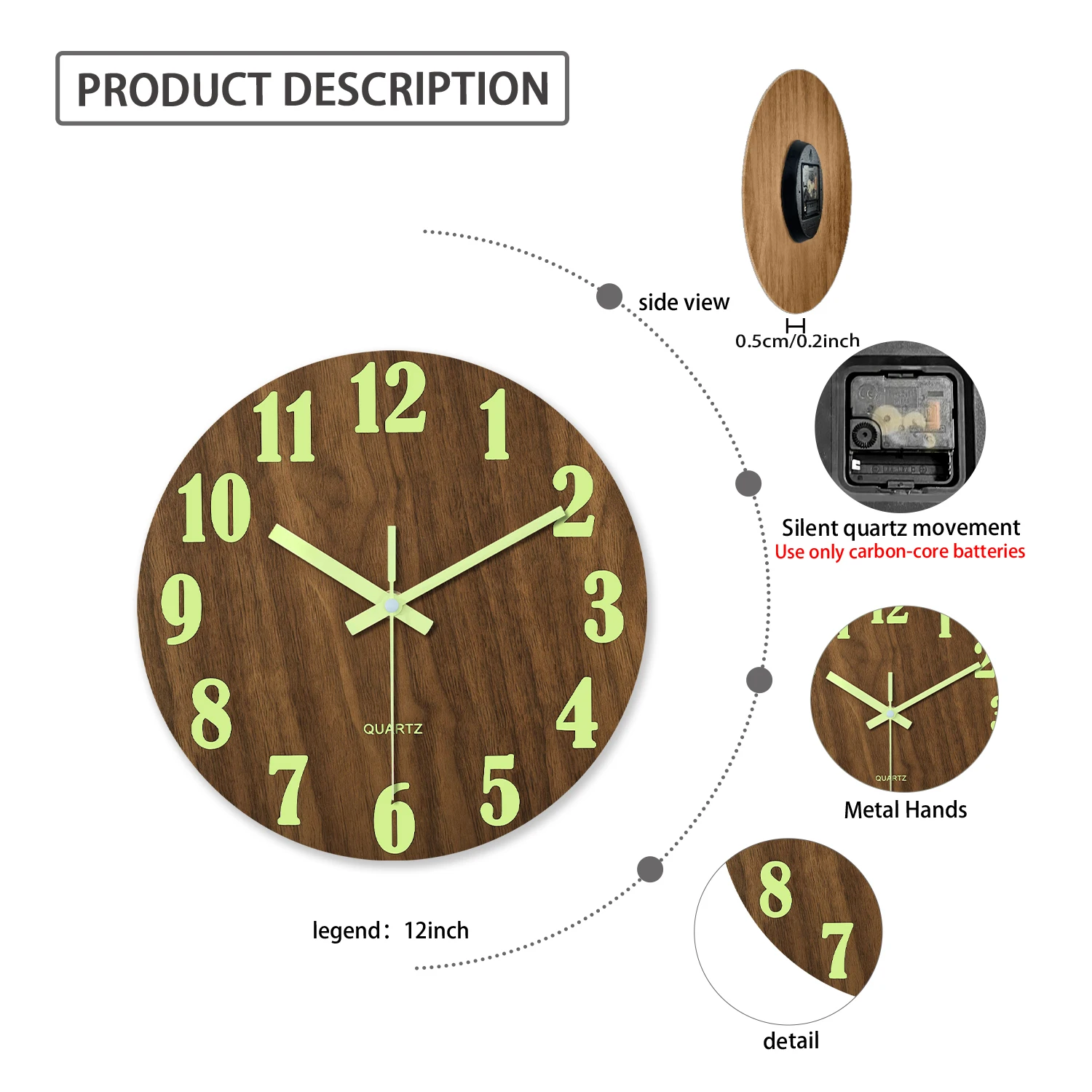 12 Inch Luminous Wall Clock Wood Silent light in dark night Nordic Fashion Wall Clock Non Ticking Clock With Night Light - Image 6