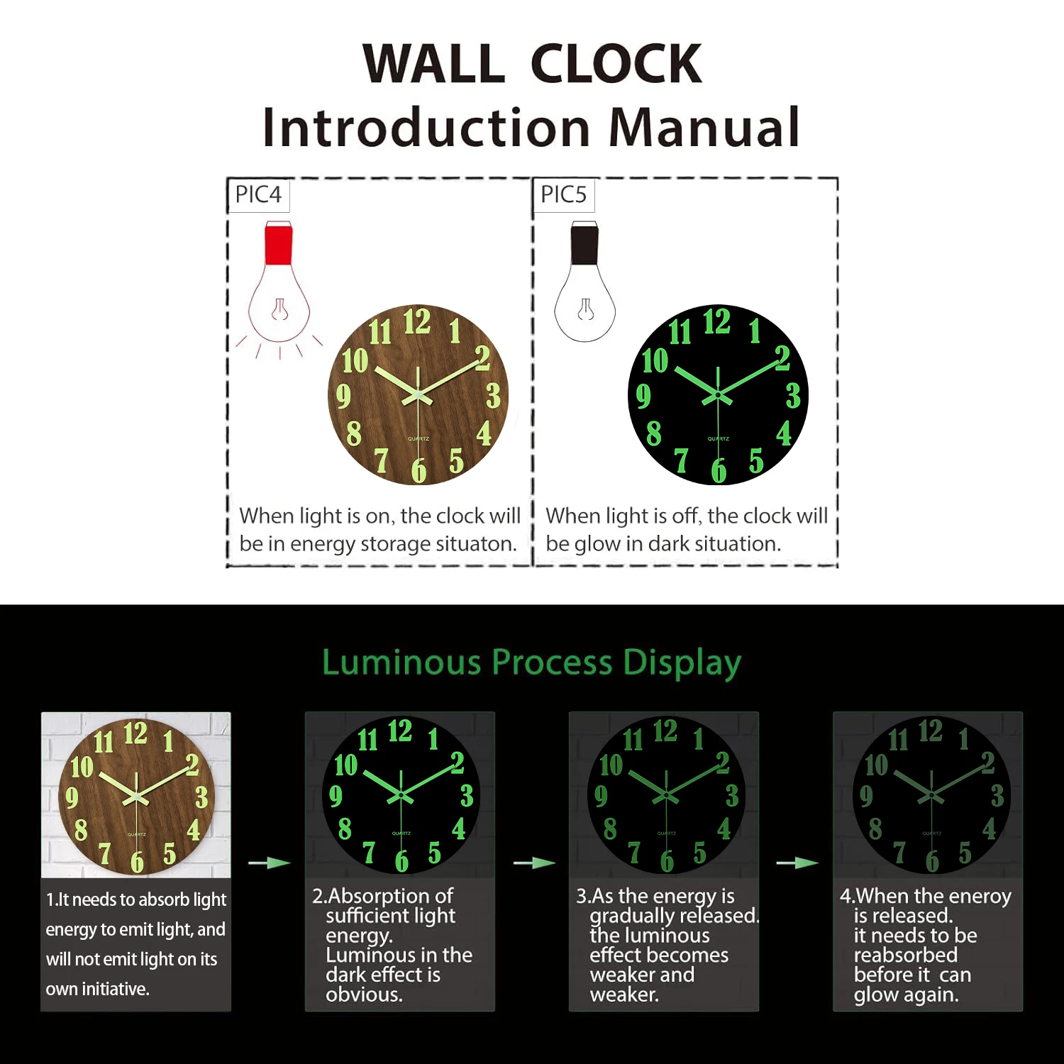 12 Inch Luminous Wall Clock Wood Silent light in dark night Nordic Fashion Wall Clock Non Ticking Clock With Night Light - Image 5