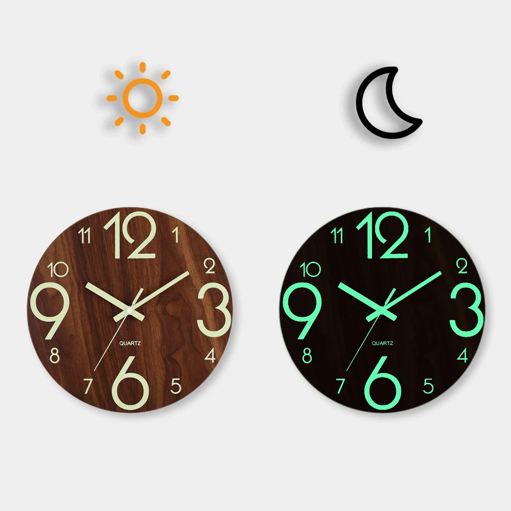 12 Inch Luminous Wall Clock Wood Silent light in dark night Nordic Fashion Wall Clock Non Ticking Clock With Night Light - Image 4