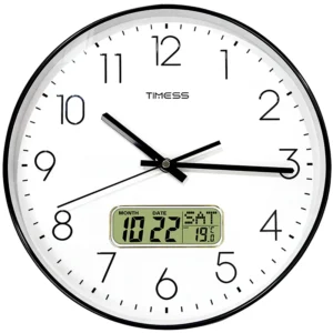 TIMESS 10/12/14 inch Silent Wall Clock with Date and Temperature Display, Battery Operated Modern Analog Clock for Kitchen, Office, Classroom and Home Decor