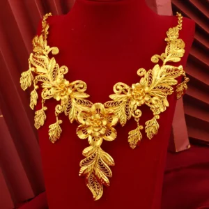 Luxury 24K 9999 Pure Gold real gold Women's Hollow Flower Leaf Necklace Earring Set