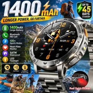 2026New 1400mAh Military GPS Tracker Sports Smart Watch Men Strong Flashlight 1.7" AMOLED Screen 5ATM Swim Clock SOS Call Health