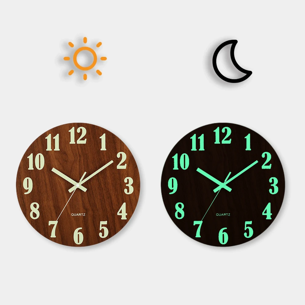 12 Inch Luminous Wall Clock Wood Silent light in dark night Nordic Fashion Wall Clock Non Ticking Clock With Night Light - Image 7