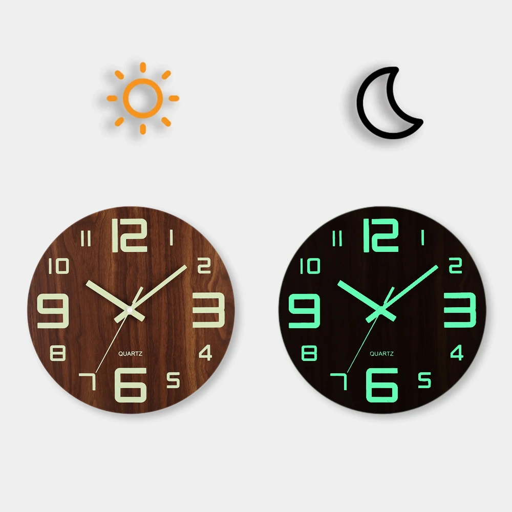 12 Inch Luminous Wall Clock Wood Silent light in dark night Nordic Fashion Wall Clock Non Ticking Clock With Night Light - Image 3