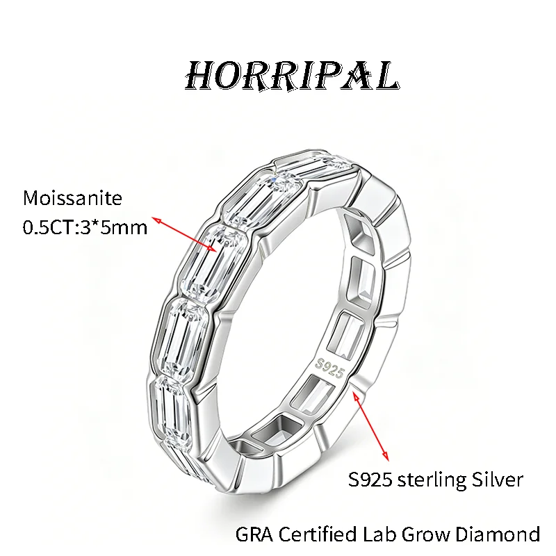 HORRIPAL D VVS1 Full Emerald Cut Moissanite Row Rings for Man Women GRA S925 Sterling Silver Luxury Engagement Band Fine Jewelry - Image 8
