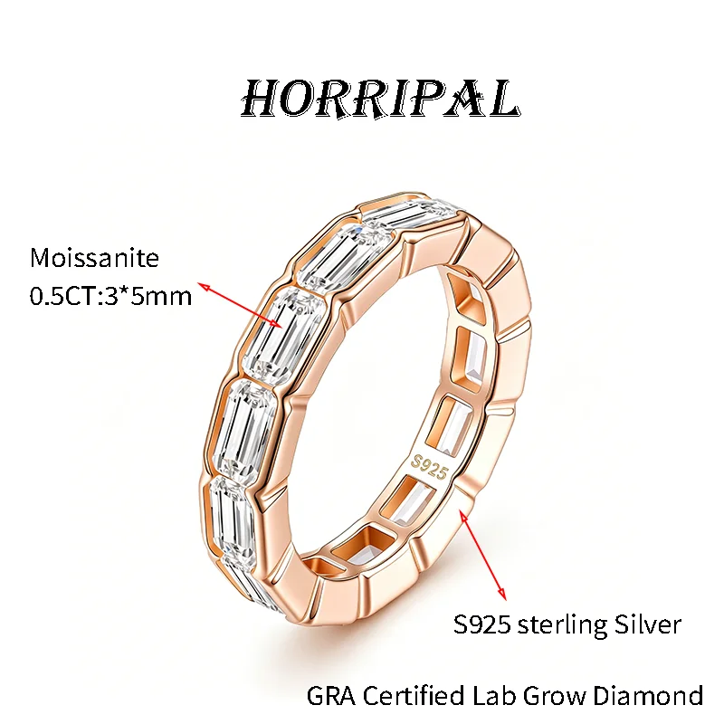HORRIPAL D VVS1 Full Emerald Cut Moissanite Row Rings for Man Women GRA S925 Sterling Silver Luxury Engagement Band Fine Jewelry - Image 7