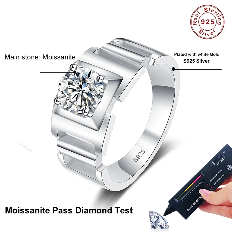 NeeTim 1ct Moissanite Ring For Man 925 Sterling Silver Engagement Wedding Band With Certificate Men Ring Fine Jewelry Wholesale - Image 6