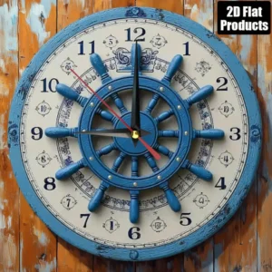 2D Flat Wooden Clock Large Nautical Ship Wheel Steering Wall Clock- Silent Non-Ticking Round Clock With Ship Rudder And Wood Dia