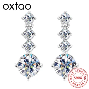 OXTAO 925 Sterling Silver Full Lab Moissanite Drop Earrings Wedding Diamond Earrings Jewelry for Women with Certified