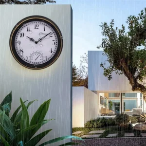 Outdoor Waterproof Wall Clock With Thermometer IP44 Vintage Round Garden Decor Clock 12 Inch Outdoor Clock-ABXK