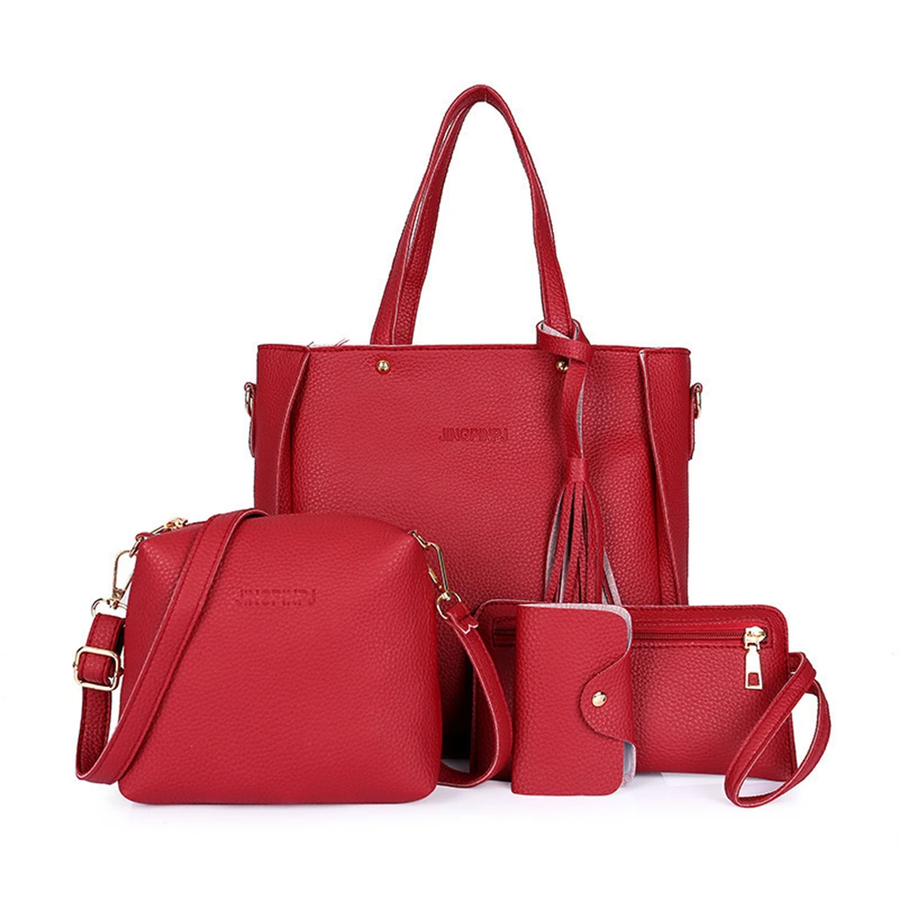 4pcs/Set Fashion Tassels Decoration Pu Leather Shoulder Bag Crossbody Bag Handbag Purse Wallet Solid Color Women Bag Combos 2024 - Image 5