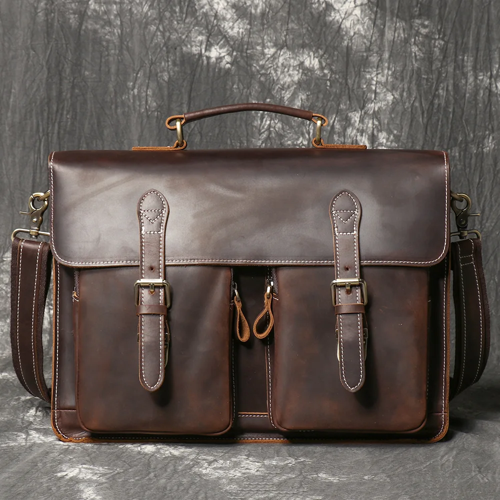 Vintage Handmade Crazy Horse Leather Handbag Large Capacity Briefcase For Men 15" Laptop Bag Work Business Bag