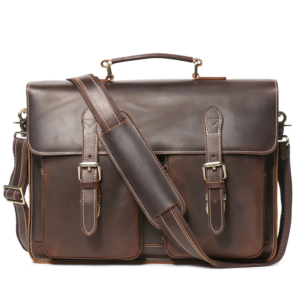 Vintage Handmade Crazy Horse Leather Handbag Large Capacity Briefcase For Men 15" Laptop Bag Work Business Bag - Image 7