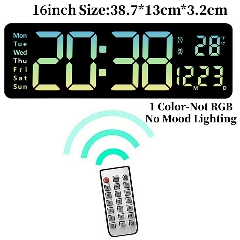 16 Inch Large Digital Wall Clock with Remote Control Mood Light 8 Clors RGB Dual Alarm Timing Countdown 12/24H LED Alarm Clock - Image 7