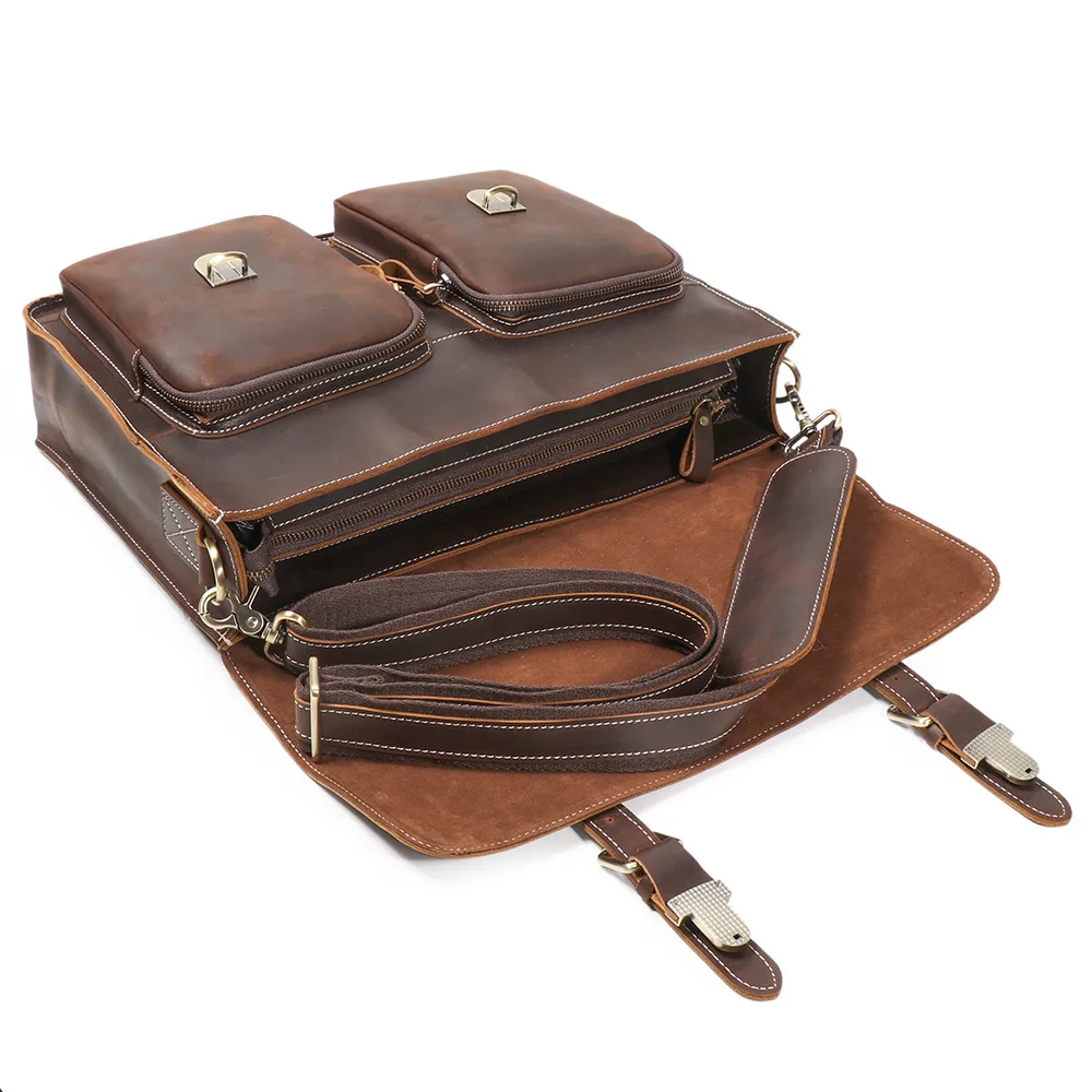 Vintage Handmade Crazy Horse Leather Handbag Large Capacity Briefcase For Men 15" Laptop Bag Work Business Bag - Image 5