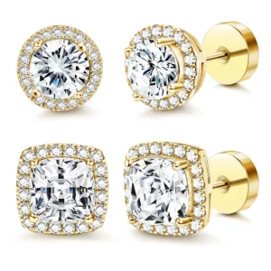 2Pairs 316L Surgical Steel Large CZ Stud Earrings for Men Women Flat Back Round Square Cubic Zirconia Earring Set 14K Gold Plate