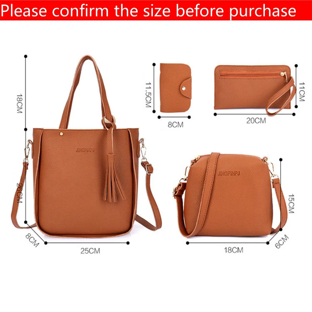 4pcs/Set Fashion Tassels Decoration Pu Leather Shoulder Bag Crossbody Bag Handbag Purse Wallet Solid Color Women Bag Combos 2024 - Image 6