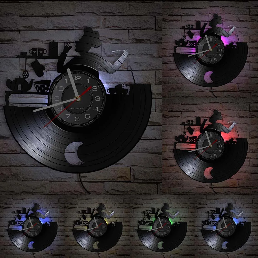 Vintage Chef Vinyl Record Wall Clock with LED Backlight Night Light Kitchen Bakery Decor Culinary Art Silhouette Design Gift - Image 7