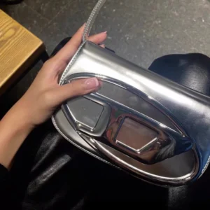 Mirror Silver Metallic Large Shoulder Bag Embossed Oval D Logo Magnetic Flap Y2K Futuristic Crossbody Purse