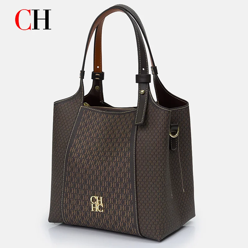 CH Light Luxury Maillard Tone Monogram Print Women's Tote Bag - Large-Capacity Multifunctional Stylish Handbag