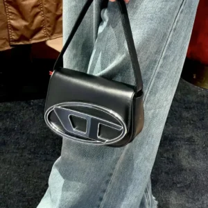 Black Smooth Leather Mini Underarm Saddle Bag Double Silver Outline Oval Logo Flap Shoulder Handbag Y2K Minimalist Small Purse For Women Daily Street Style