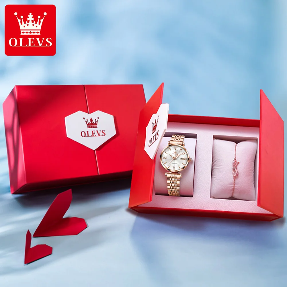 OLEVS 5536 Luxury Brand Diamond Quartz Women's Watch Fashion Elegant Rose Gold Waterproof Women's Watch Bracelet Set Reloj Mujer - Image 14