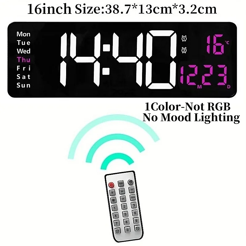 16 Inch Large Digital Wall Clock with Remote Control Mood Light 8 Clors RGB Dual Alarm Timing Countdown 12/24H LED Alarm Clock - Image 10