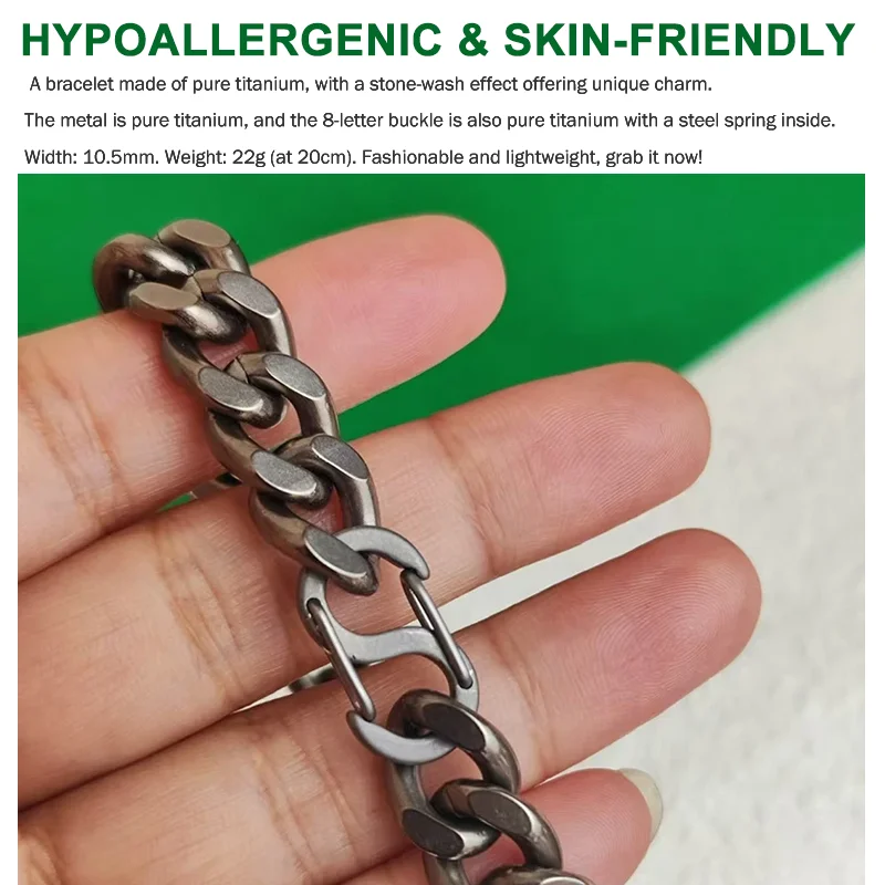 Titanium Bracelet for Men, Stonewashed Titanium Cuban Chain Bracelet, Hypoallergenic & Durable, 10.5mm Wide, 16cm 18cm 20cm 22cm - Image 2