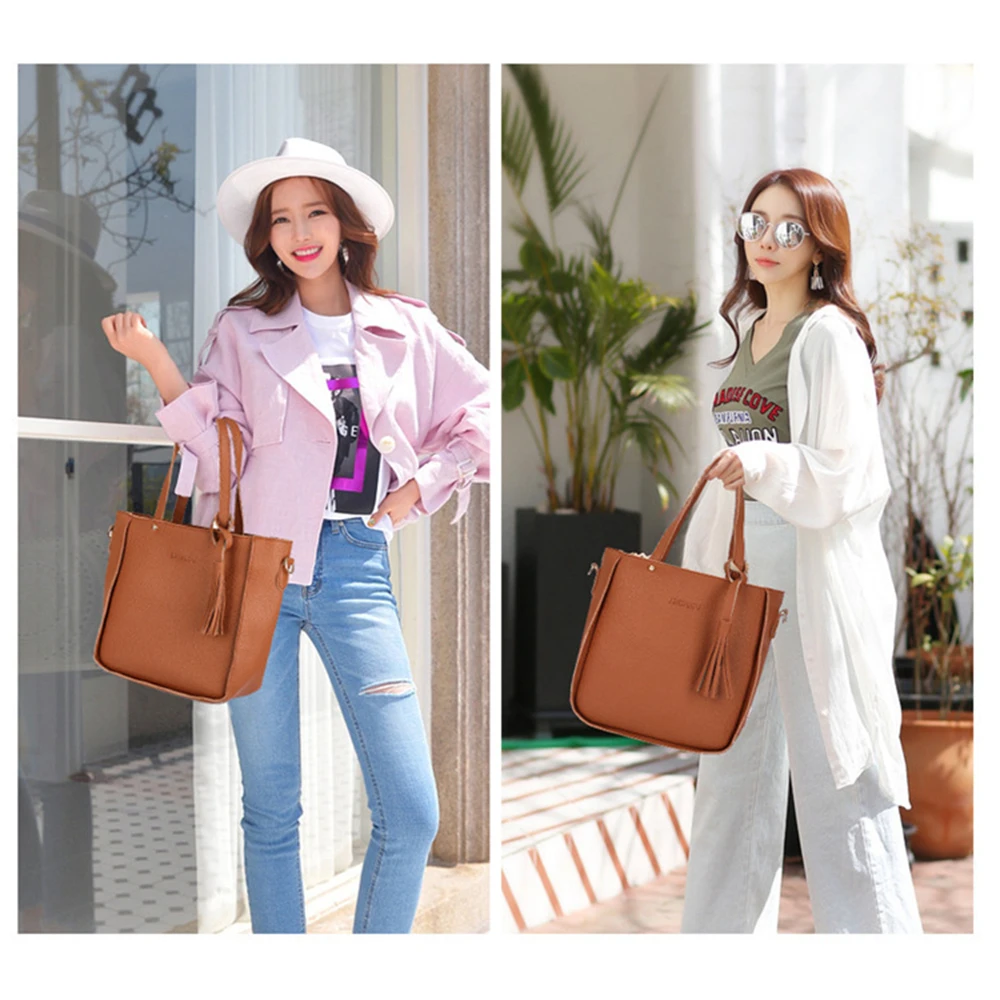 4pcs/Set Fashion Tassels Decoration Pu Leather Shoulder Bag Crossbody Bag Handbag Purse Wallet Solid Color Women Bag Combos 2024 - Image 3
