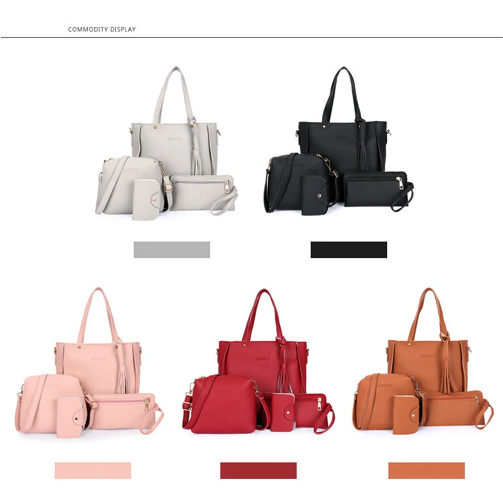 4pcs/Set Fashion Tassels Decoration Pu Leather Shoulder Bag Crossbody Bag Handbag Purse Wallet Solid Color Women Bag Combos 2024 - Image 4