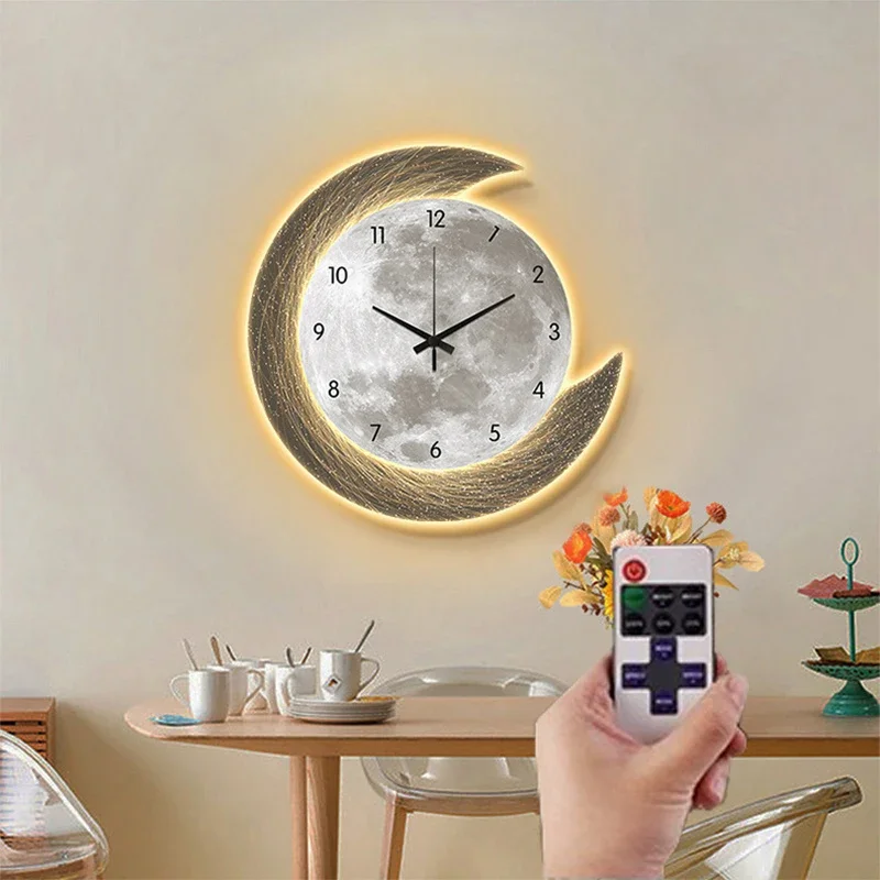 16in Home Quality Wall Clock Dining Room Living Moon The Earth Modelling LED Light Silent Movement Bedroom Clock Wall Decoration