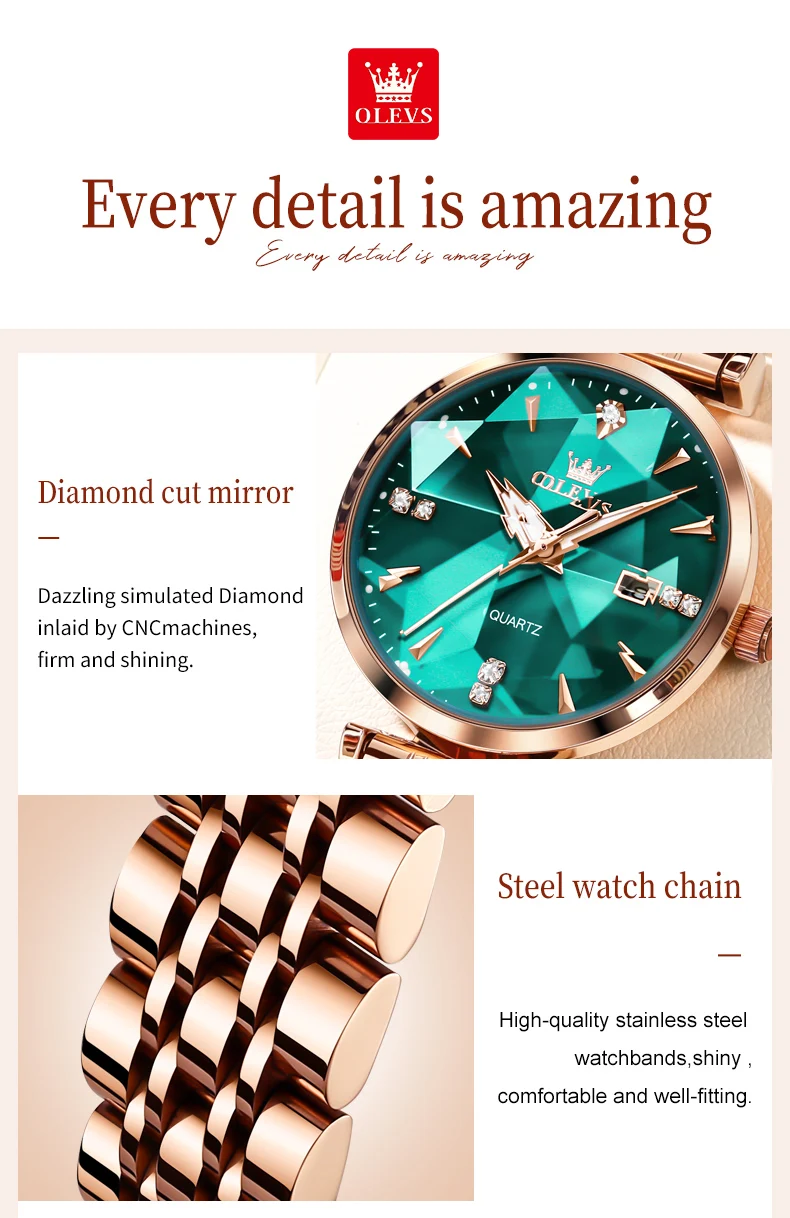 OLEVS 5536 Luxury Brand Diamond Quartz Women's Watch Fashion Elegant Rose Gold Waterproof Women's Watch Bracelet Set Reloj Mujer - Image 4