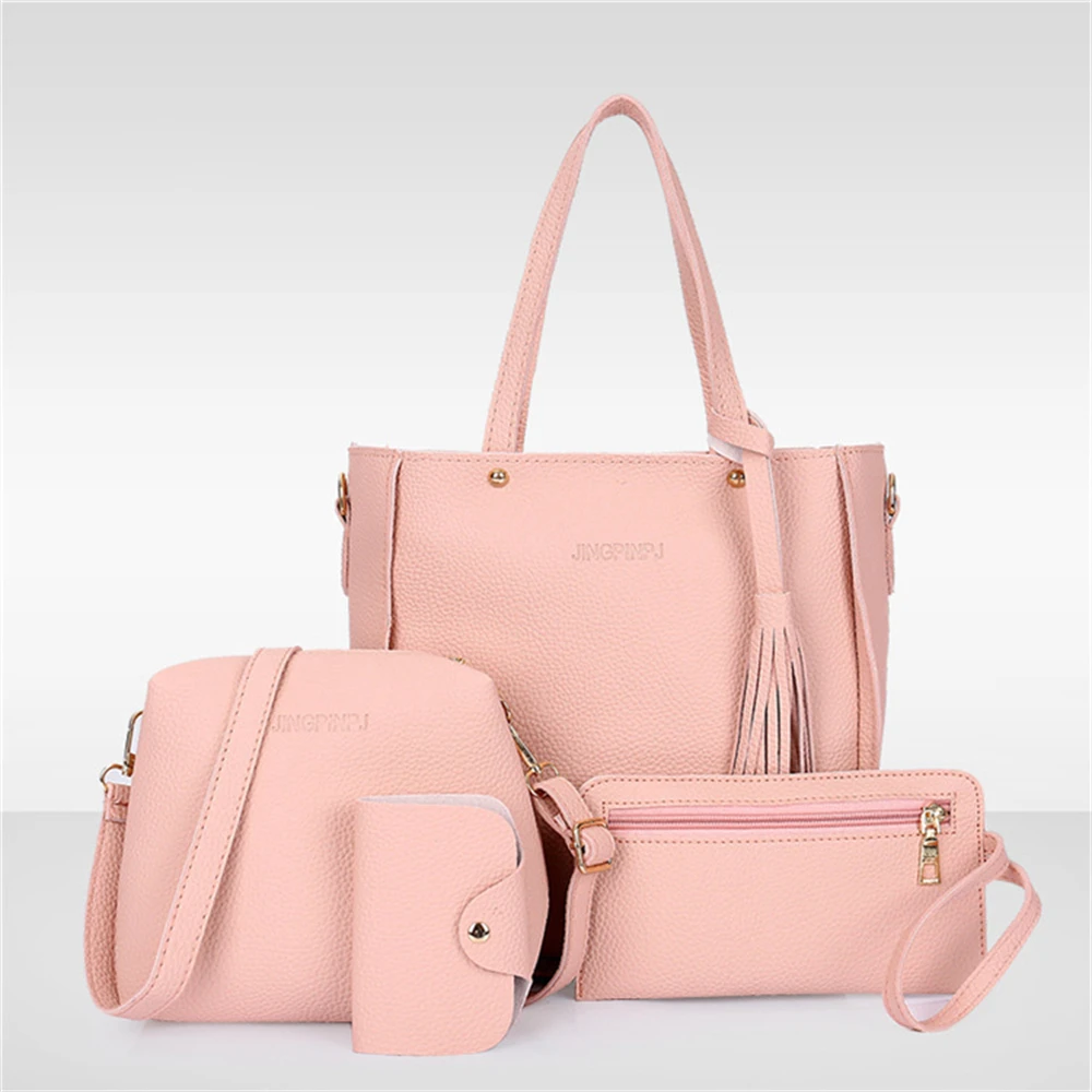 4pcs/Set Fashion Tassels Decoration Pu Leather Shoulder Bag Crossbody Bag Handbag Purse Wallet Solid Color Women Bag Combos 2024 - Image 2