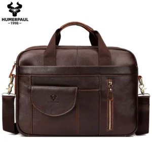 HUMERPAUL Men's Briefcase Bag Top Layer Leather Handcrafted Laptop Bag with Multiple Compartments Business Shoulder Messenger