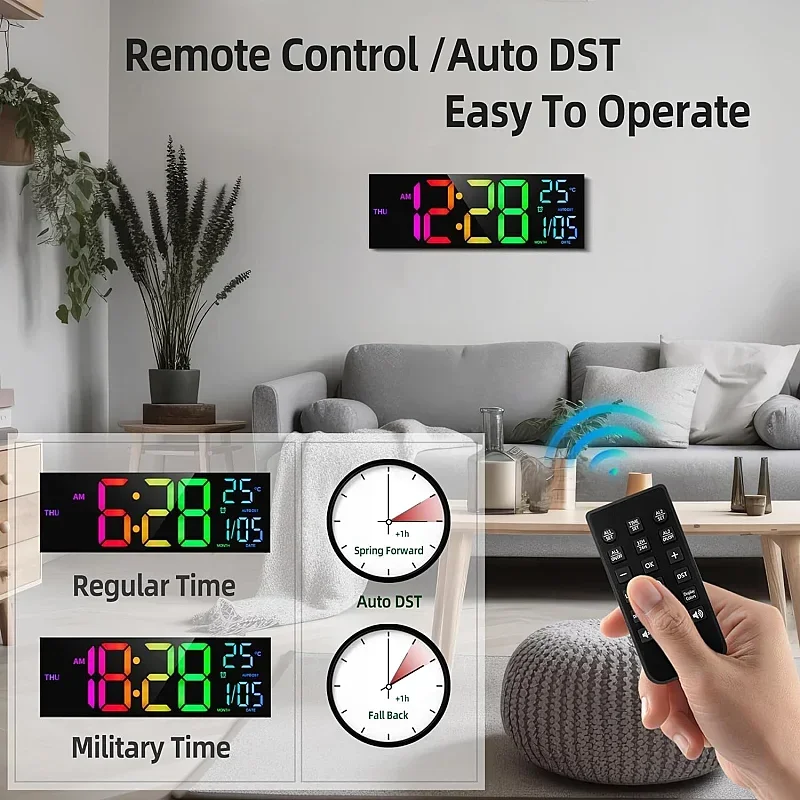 16 Inch Large Digital Wall Clock with Remote Control Mood Light 8 Clors RGB Dual Alarm Timing Countdown 12/24H LED Alarm Clock - Image 2