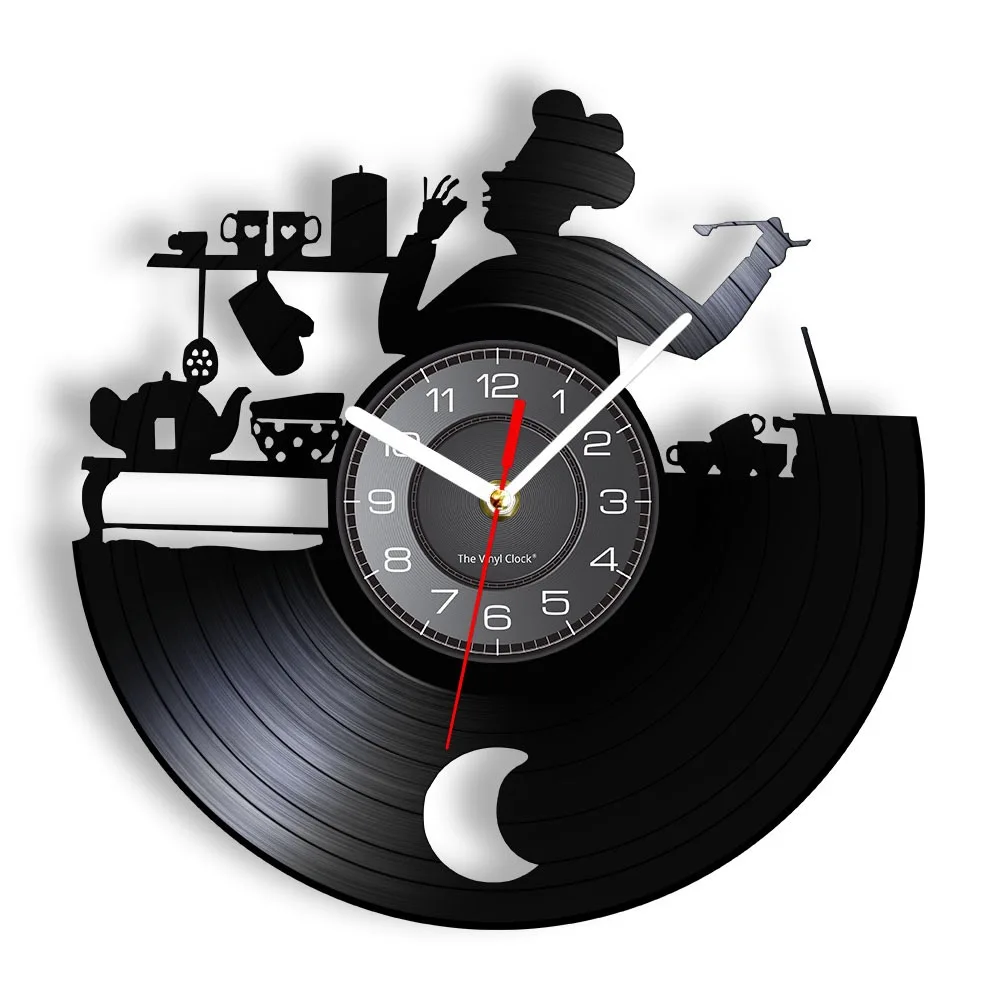 Vintage Chef Vinyl Record Wall Clock with LED Backlight Night Light Kitchen Bakery Decor Culinary Art Silhouette Design Gift
