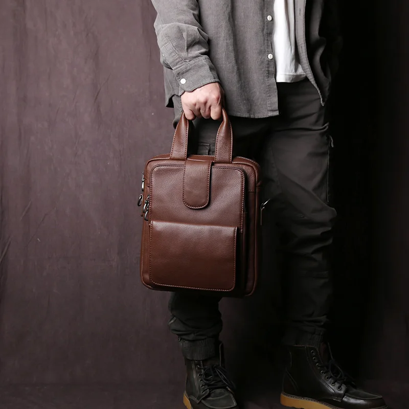 New Leather Men's Handbag Top Layer Cowhide Vertical Briefcase Retro Men's One-Shoulder Messenger Bag 12 Inch Ipad Bag NZPJ - Image 3