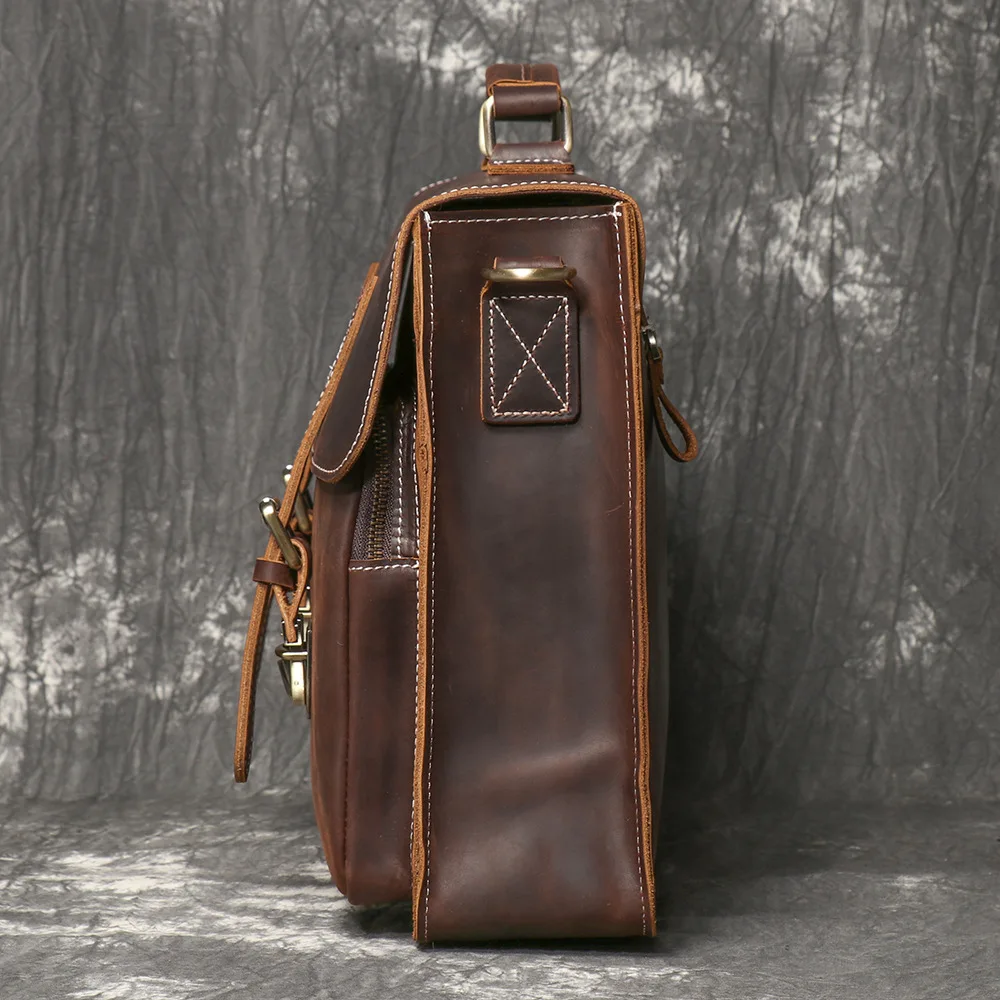 Vintage Handmade Crazy Horse Leather Handbag Large Capacity Briefcase For Men 15" Laptop Bag Work Business Bag - Image 3