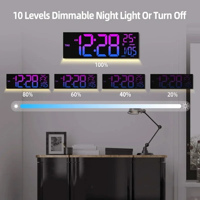 16 Inch Large Digital Wall Clock with Remote Control Mood Light 8 Clors RGB Dual Alarm Timing Countdown 12/24H LED Alarm Clock - Image 4