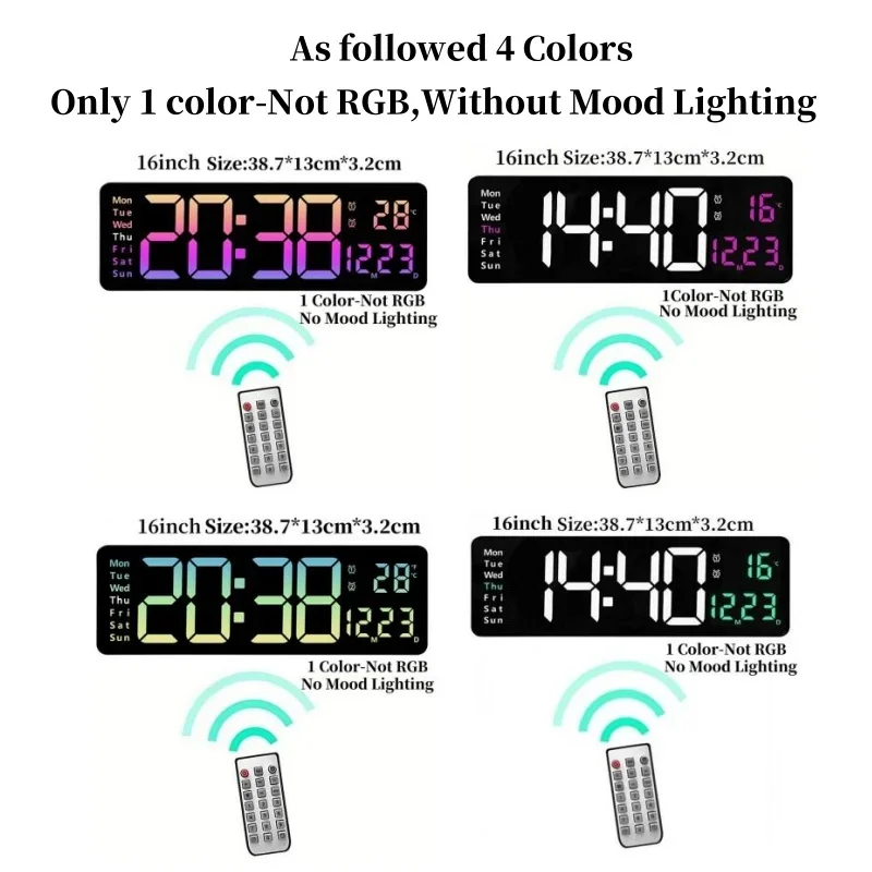 16 Inch Large Digital Wall Clock with Remote Control Mood Light 8 Clors RGB Dual Alarm Timing Countdown 12/24H LED Alarm Clock - Image 5