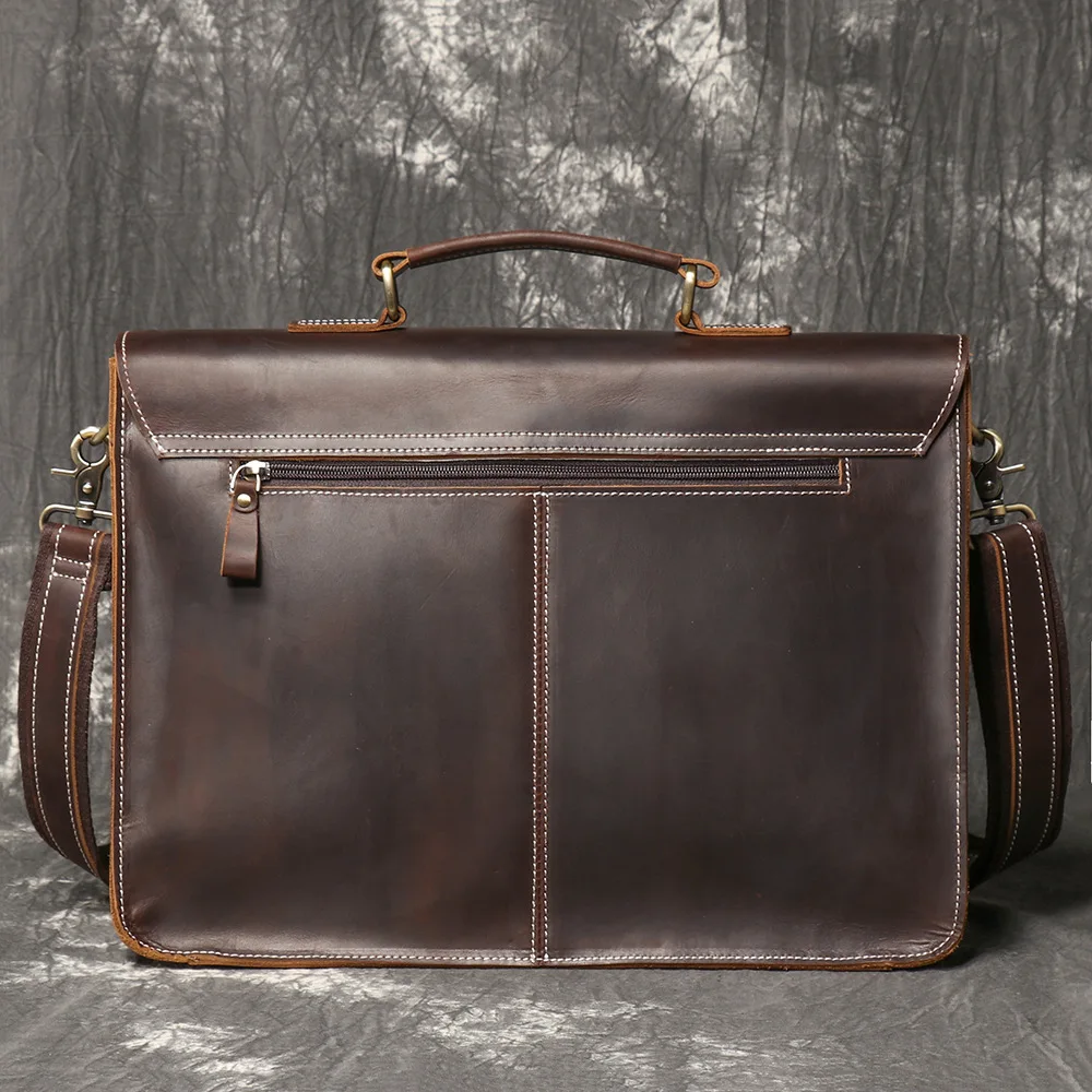 Vintage Handmade Crazy Horse Leather Handbag Large Capacity Briefcase For Men 15" Laptop Bag Work Business Bag - Image 2