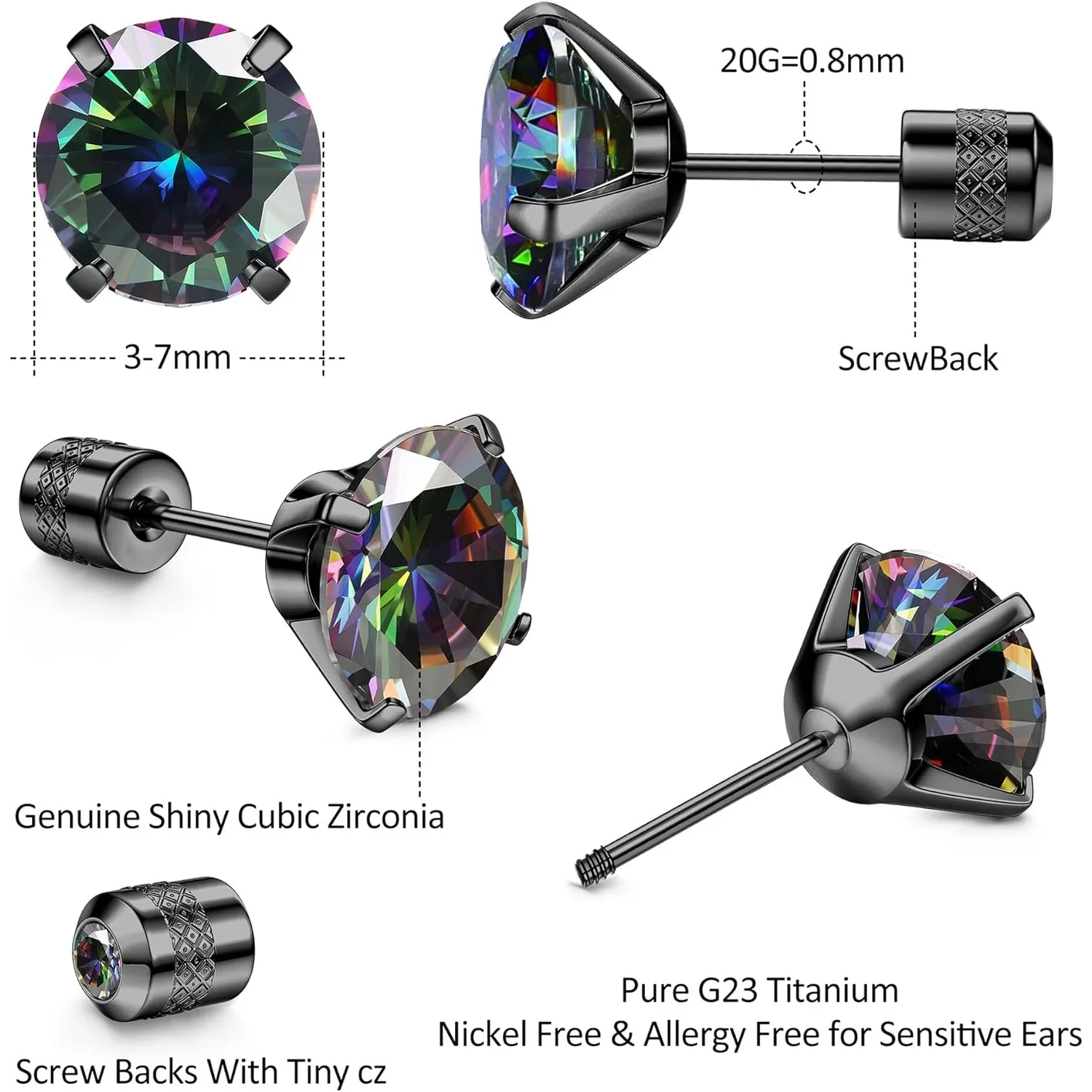 G23 Titanium Screw Back 20G 5A Cubic Zirconia Earrings Studs for Women Men Double Side Earrings Piercing Sleeper Studs Jewelry - Image 2