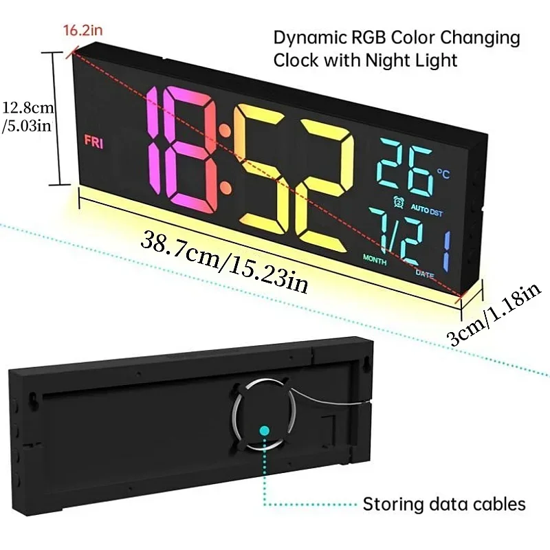 16 Inch Large Digital Wall Clock with Remote Control Mood Light 8 Clors RGB Dual Alarm Timing Countdown 12/24H LED Alarm Clock - Image 6