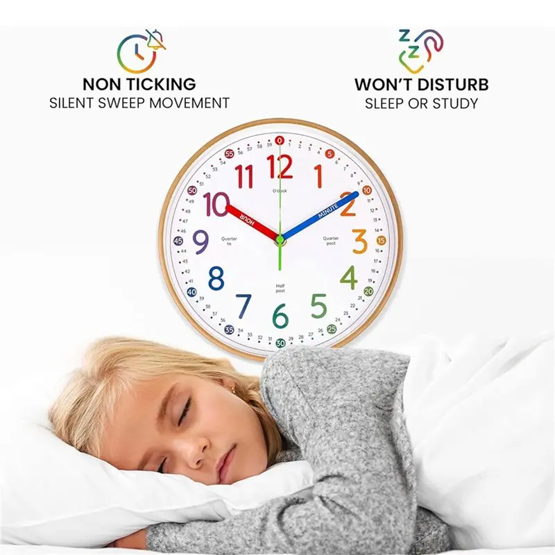 Learning Time Teaching Clock For Kids 10 Inch Battery Operated Silent Wall Clocks Colorful Small Analog Design - Image 2