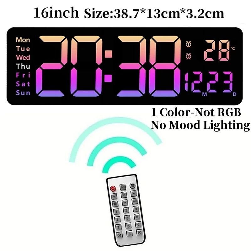 16 Inch Large Digital Wall Clock with Remote Control Mood Light 8 Clors RGB Dual Alarm Timing Countdown 12/24H LED Alarm Clock - Image 8