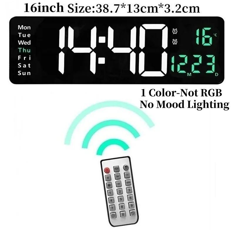 16 Inch Large Digital Wall Clock with Remote Control Mood Light 8 Clors RGB Dual Alarm Timing Countdown 12/24H LED Alarm Clock - Image 9