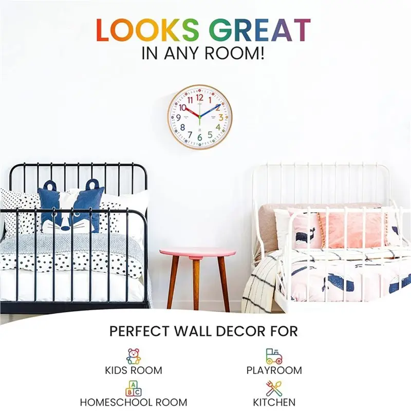 Learning Time Teaching Clock For Kids 10 Inch Battery Operated Silent Wall Clocks Colorful Small Analog Design