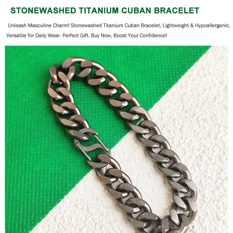 Titanium Bracelet for Men, Stonewashed Titanium Cuban Chain Bracelet, Hypoallergenic & Durable, 10.5mm Wide, 16cm 18cm 20cm 22cm - Image 4